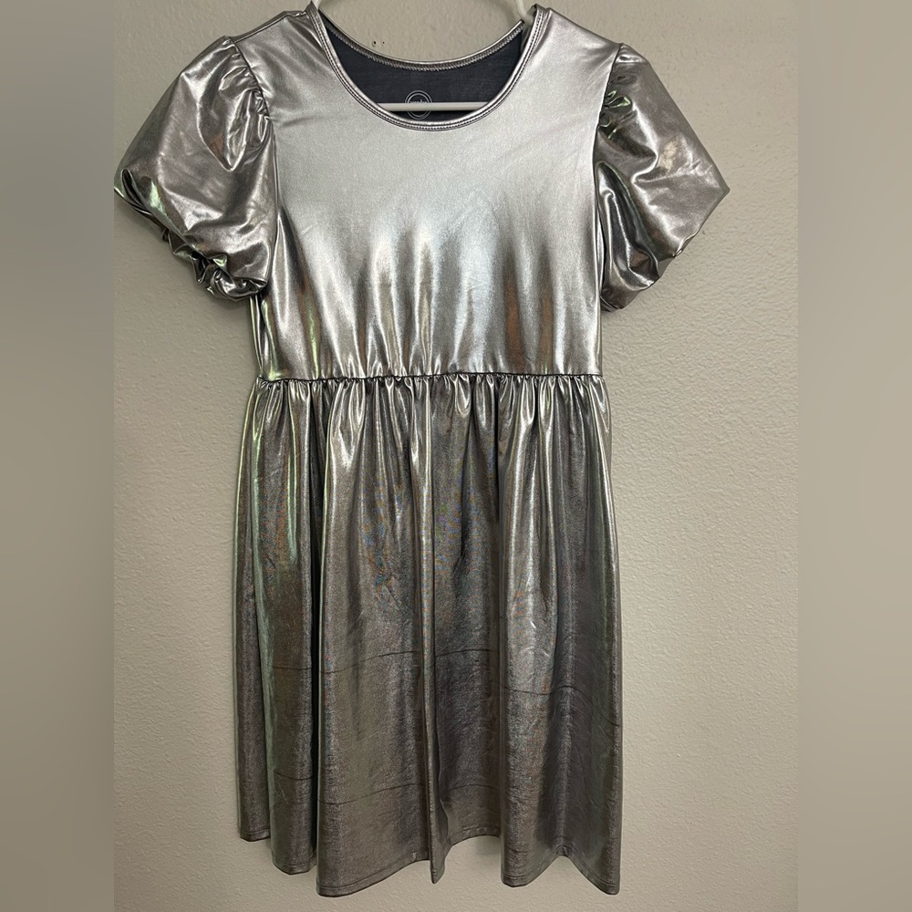 Metallic Silver Puff Sleeve Dress